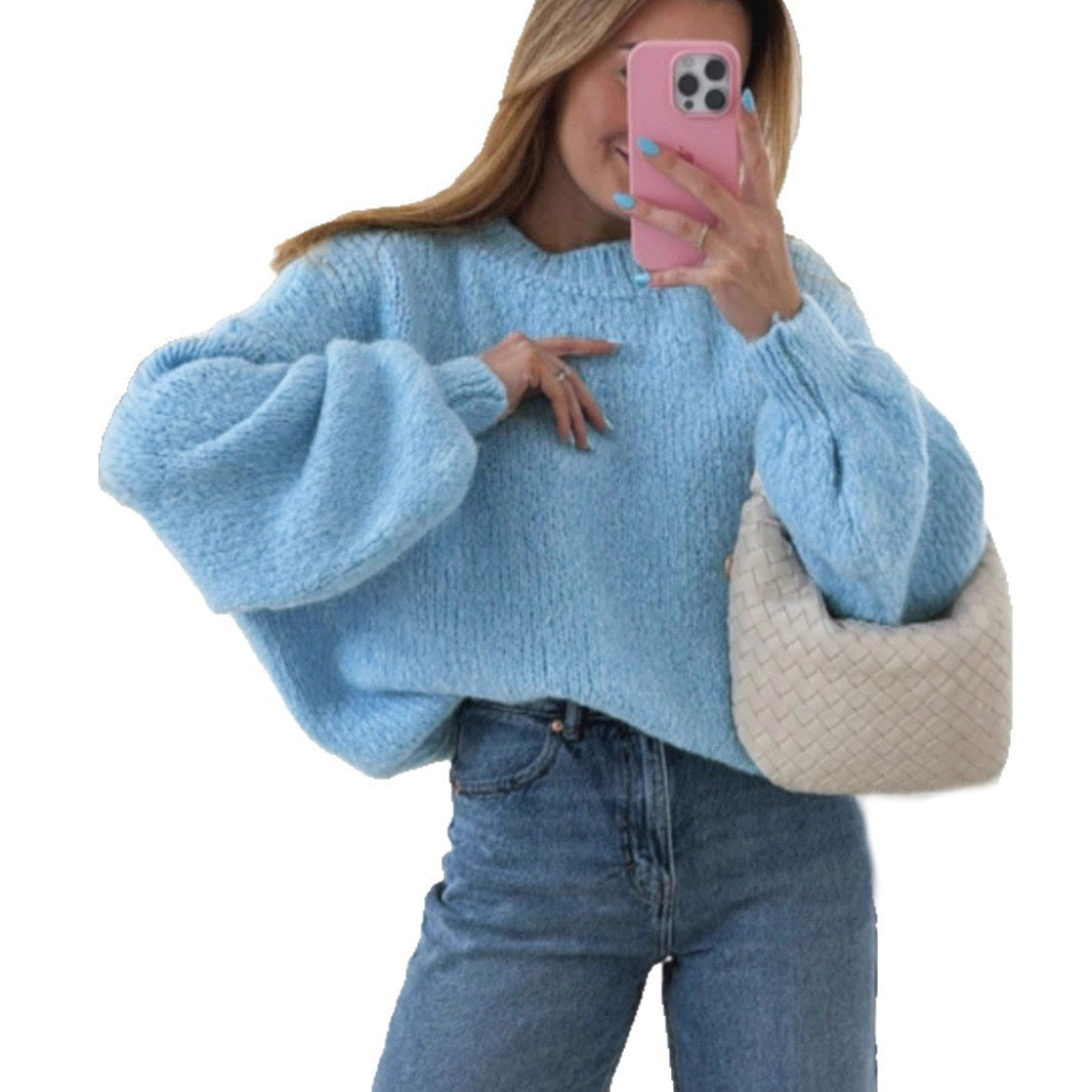 Round Neck Pullover Solid Color Sweater