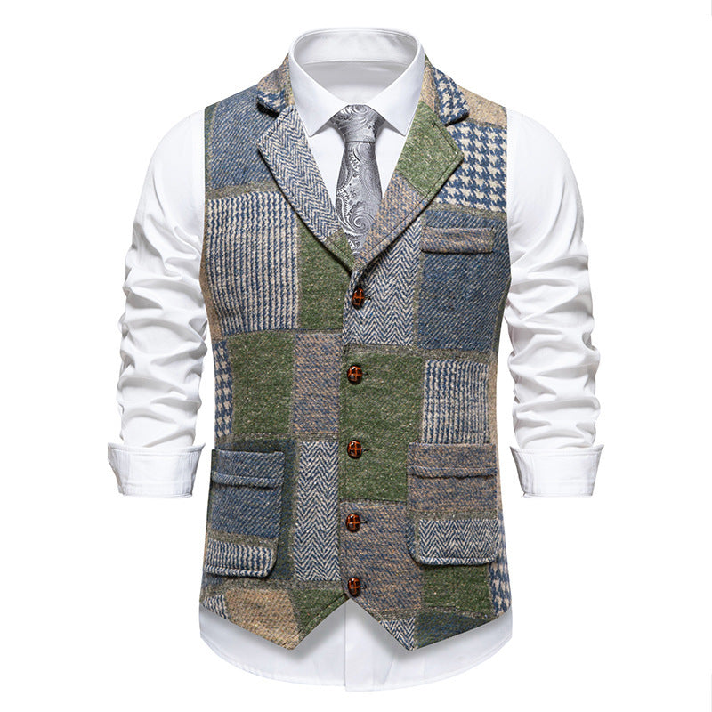 Retro Patchwork Lapel Men's European Size Suit Vest