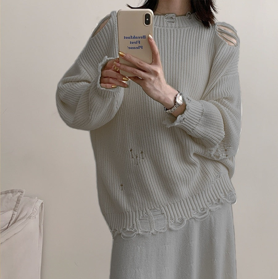 Fashion Women's Wear Long Sleeve Cotton White Round Neck Sweater Irregular Ripped Skirt