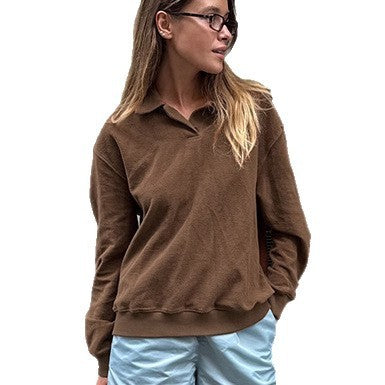 Retro Brown Casual Long-sleeved Lapel Polo Shirt