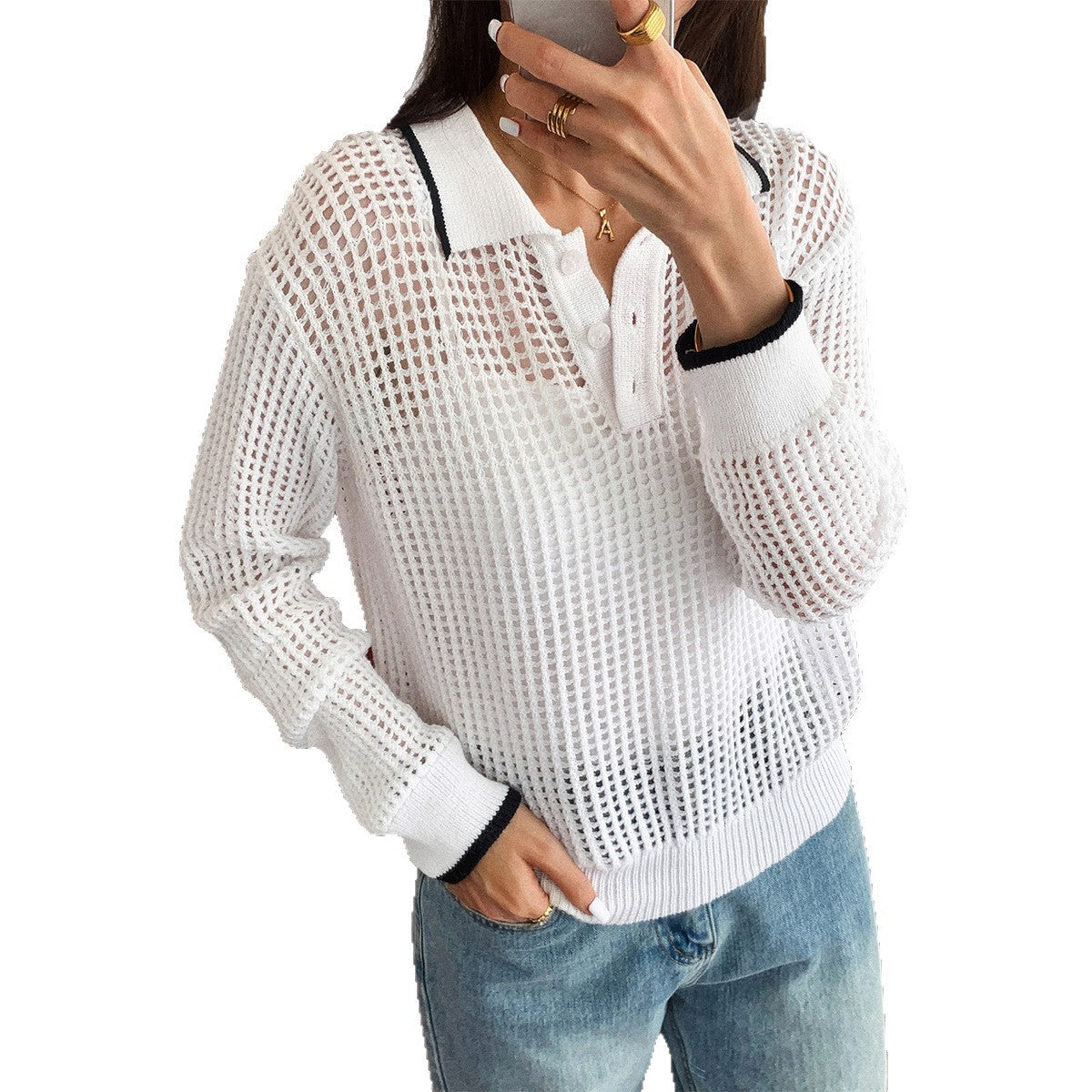 Women's Hollow-out Long-sleeved T-shirt Autumn And Winter Top