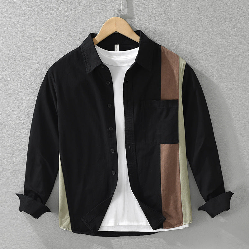 Men's Stitching Long-sleeved Shirt Fashion Cotton Casual All-match Artistic Loose Top