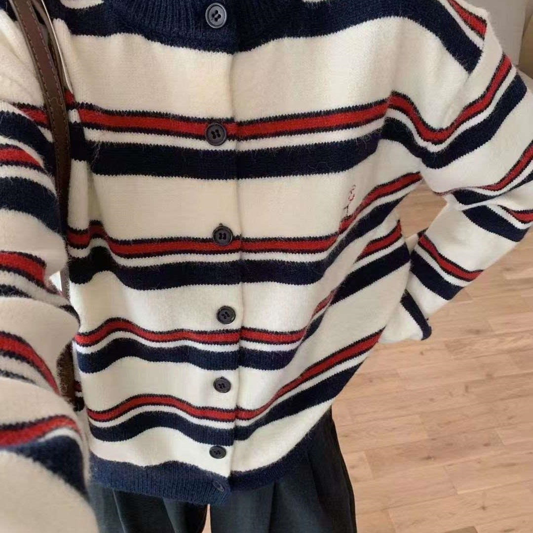 Women's Loose Round Neck Striped Contrast Color Puppy Embroidered Coat