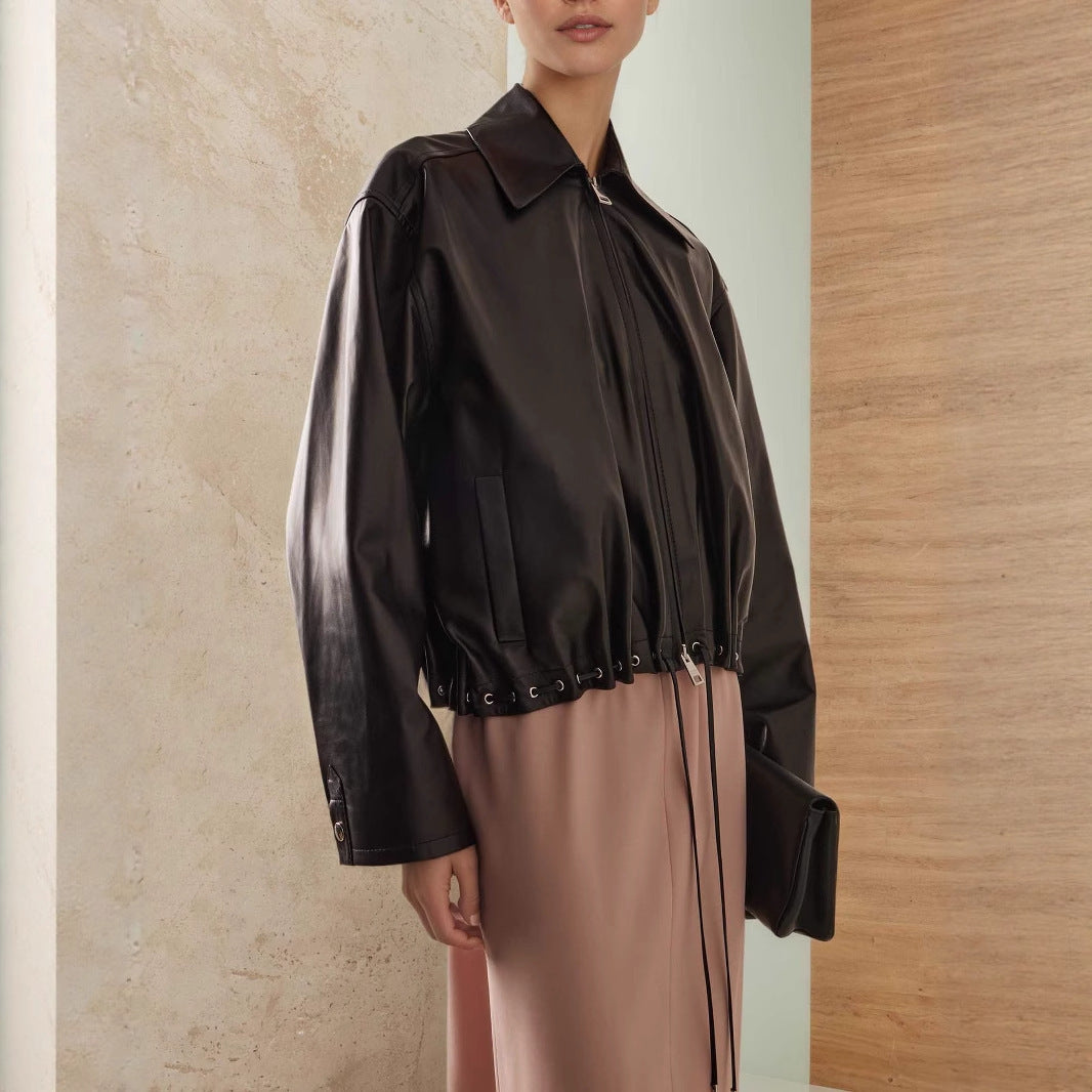 Fashionable Polo Collar Glossy Leather Loose Design Fashionable Coat