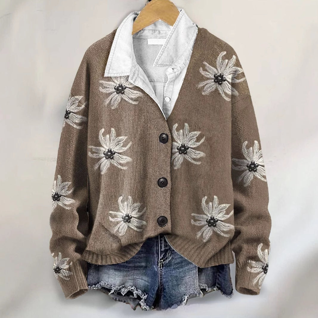 3D Flower Pattern Printing Autumn And Winter Casual Long Sleeve Coat
