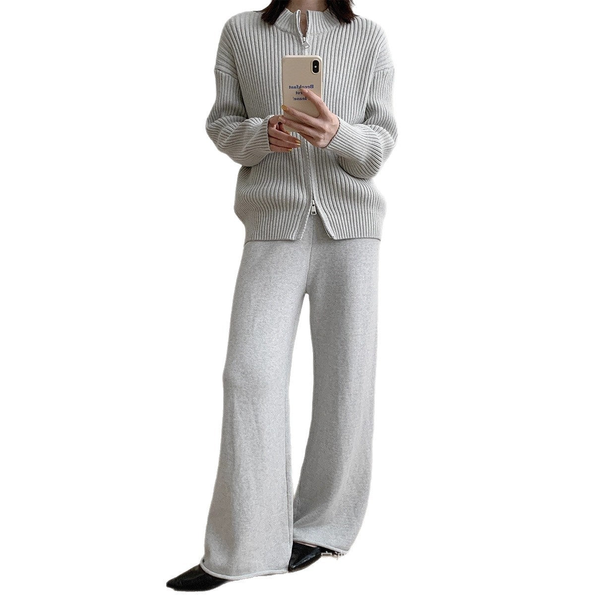 Small Stand Collar Vertical Sunken Stripe Zipper Knitted Cardigan Coat Trousers Two-piece Set