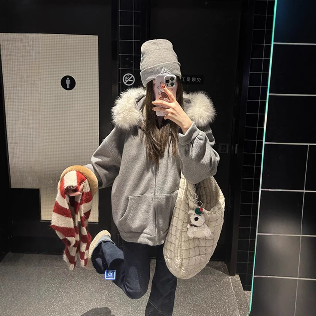 American Retro Fur Collar Hooded Cardigan Sweater Women