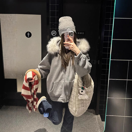 American Retro Fur Collar Hooded Cardigan Sweater Women