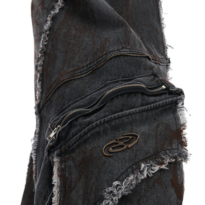 Raw Edge Splash-dyeing Distressed Padded Shoulder Denim Coat