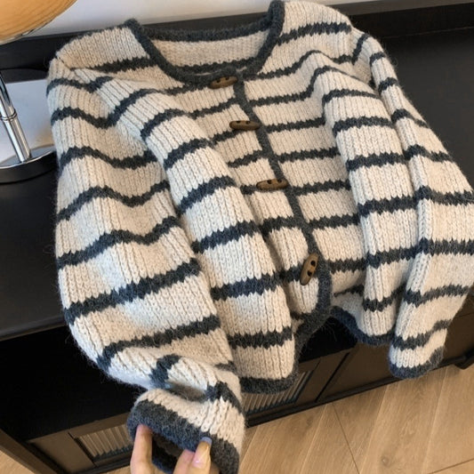 Women's Horn Button Vintage Stripe Knitwear Coat