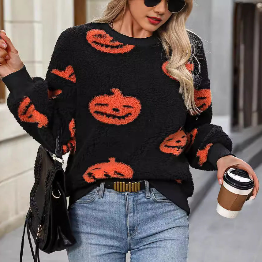 Women's Printed Plush Loose Pullover Sweatershirt