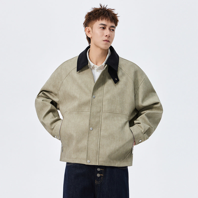 Large Size Men's PU Leather Coat Polo Collar Jacket