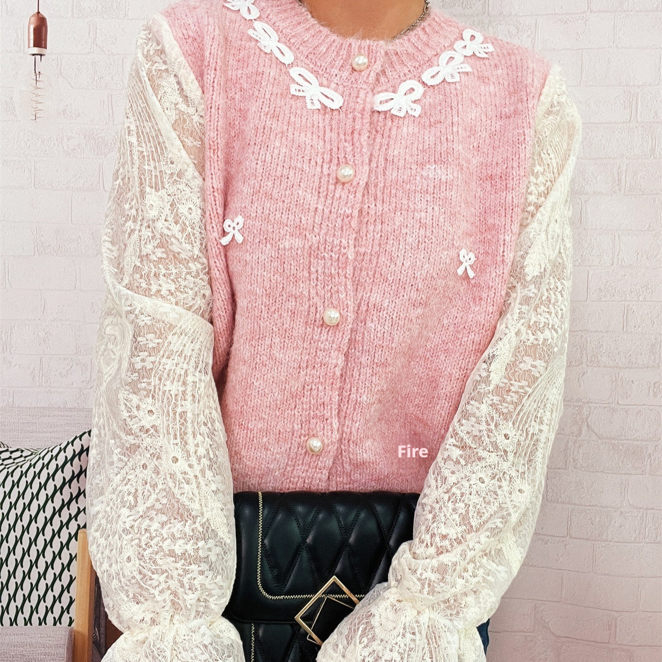 Commuter Lace Sleeves Stitching Bow Knitted Button Sweater Cardigan