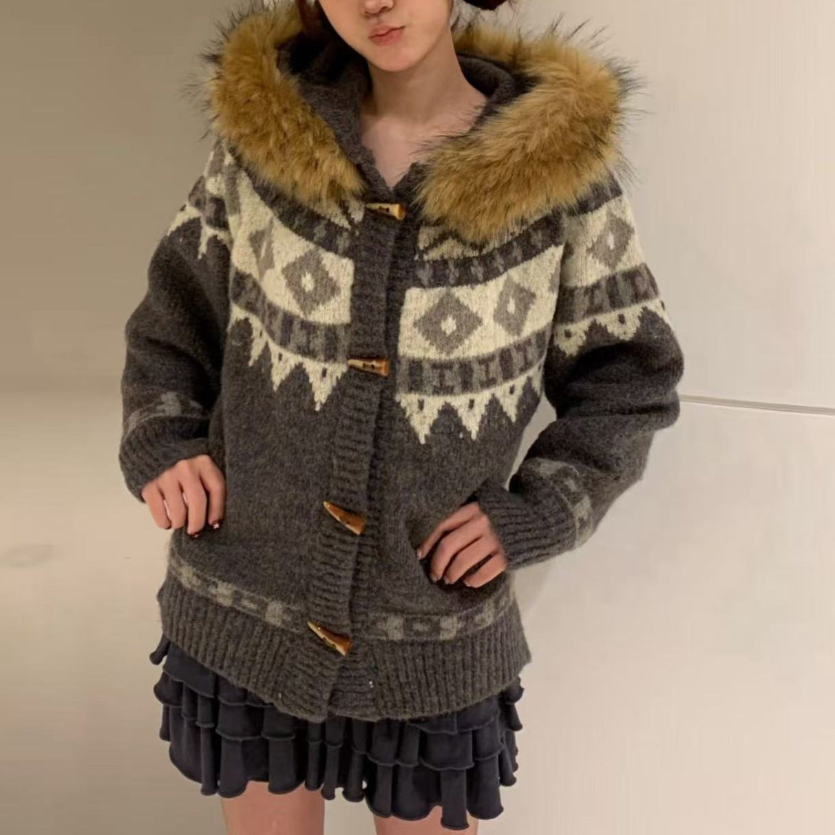 Jacquard Detachable Fur Collar Sweater For Women