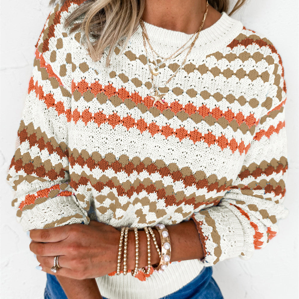 Women's Loose Contrast Color Striped Round Neck Pullover Sweater