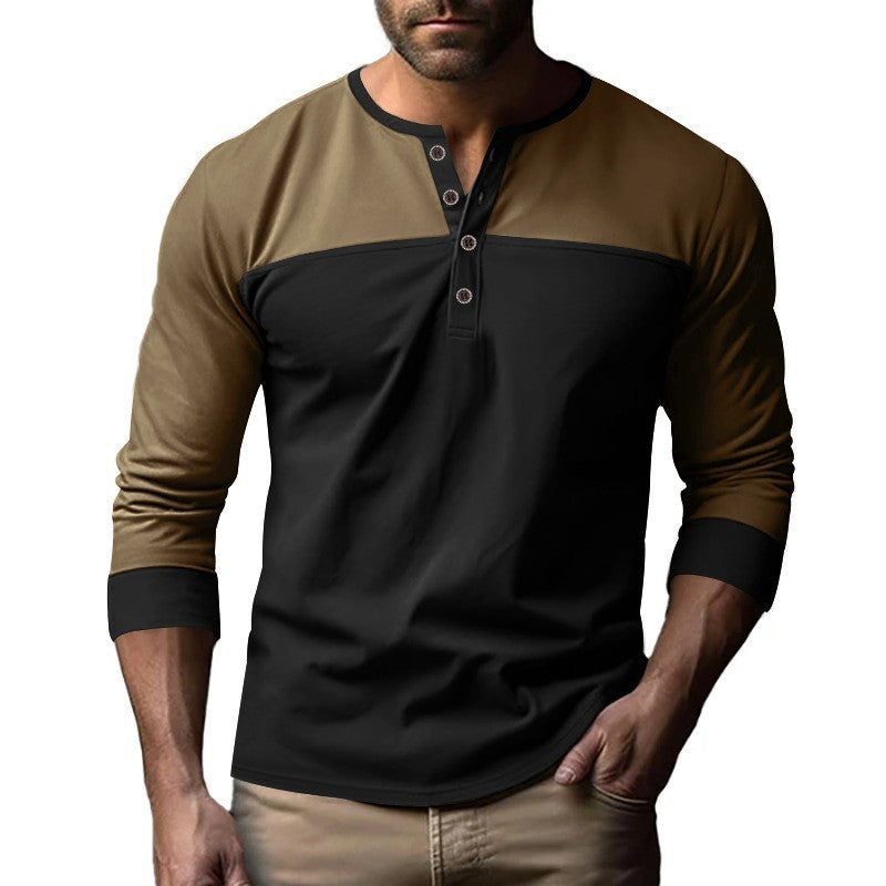 Retro Trendy Long-sleeve Color Matching Henry Collar Bottoming Shirt Casual T-shirt