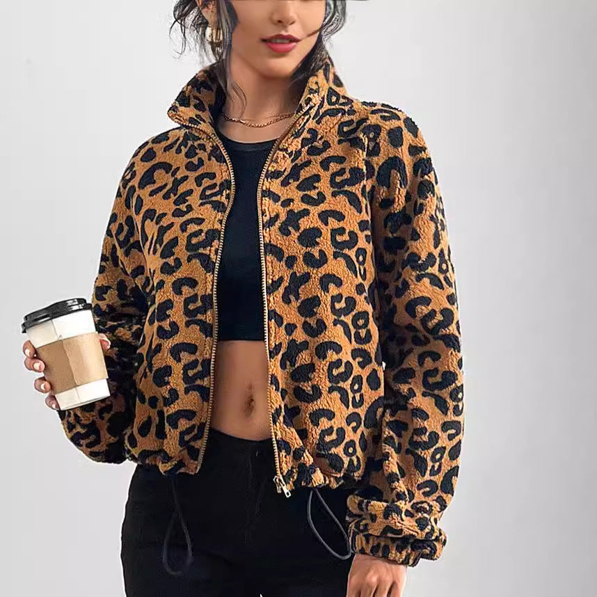 Women's Loose Cardigan Zipper Leopard Print Plush Coat