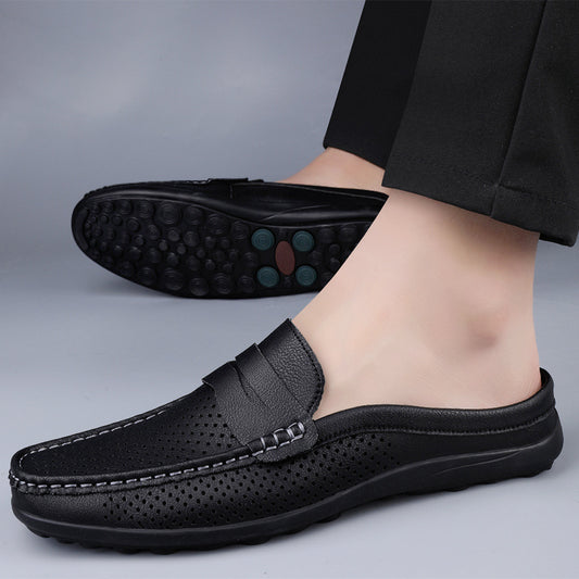 Casual Hollow Leather Shoes Breathable Half Slippers