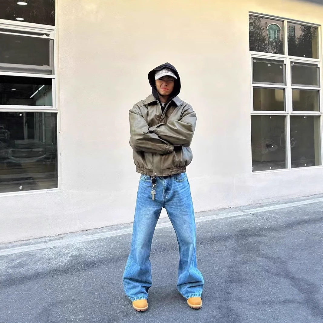 Washed Distressed A- Line Loose Straight Jeans