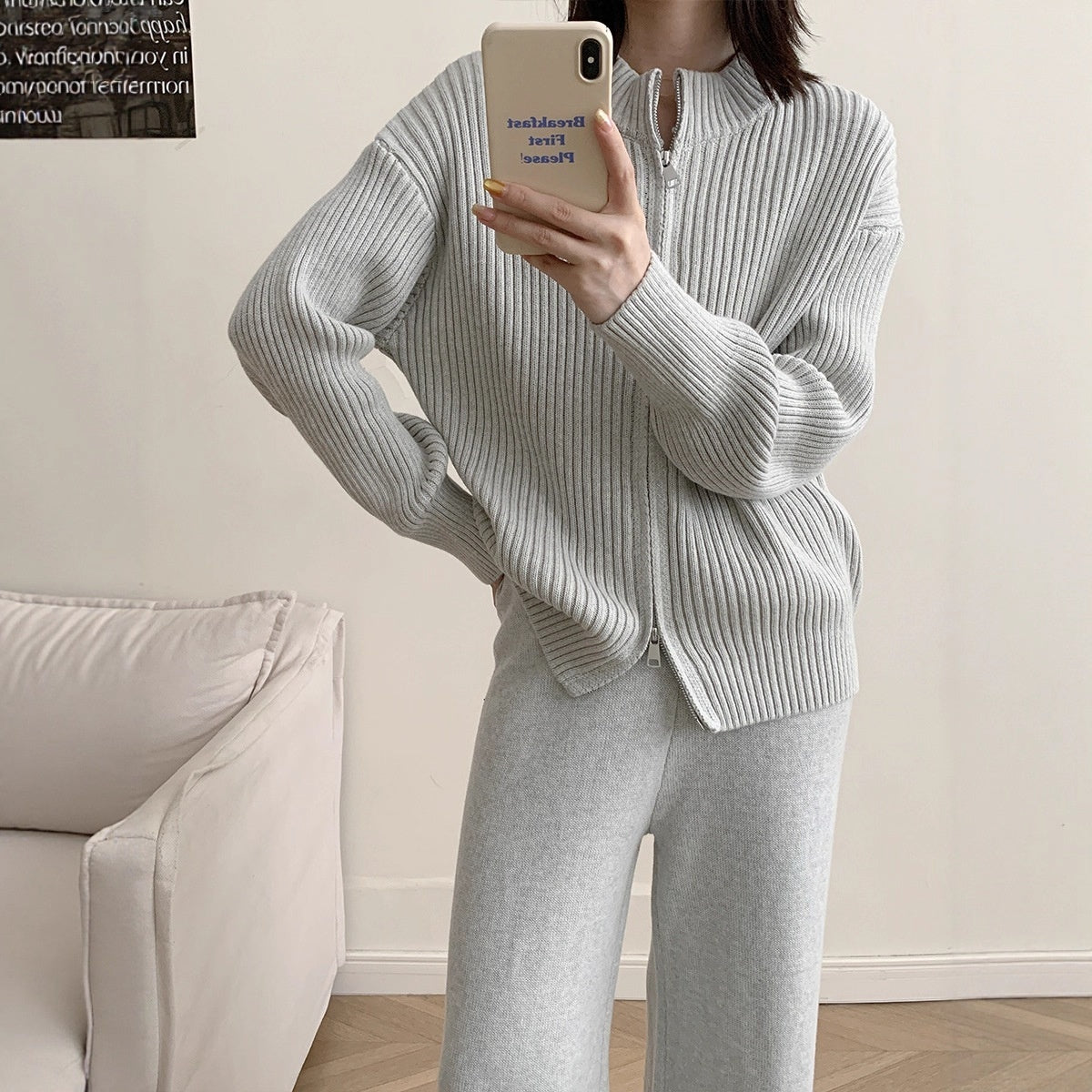 Small Stand Collar Vertical Sunken Stripe Zipper Knitted Cardigan Coat Trousers Two-piece Set