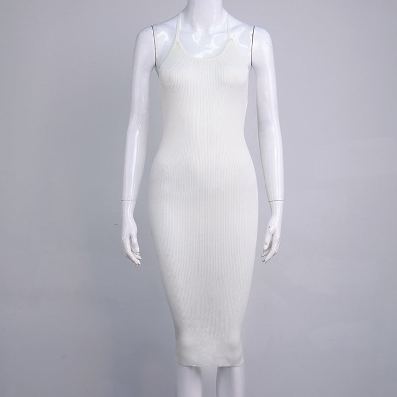 Ribbed Knit Dress Sexy Beach Dress Hanging Around The Neck Open Back Knit