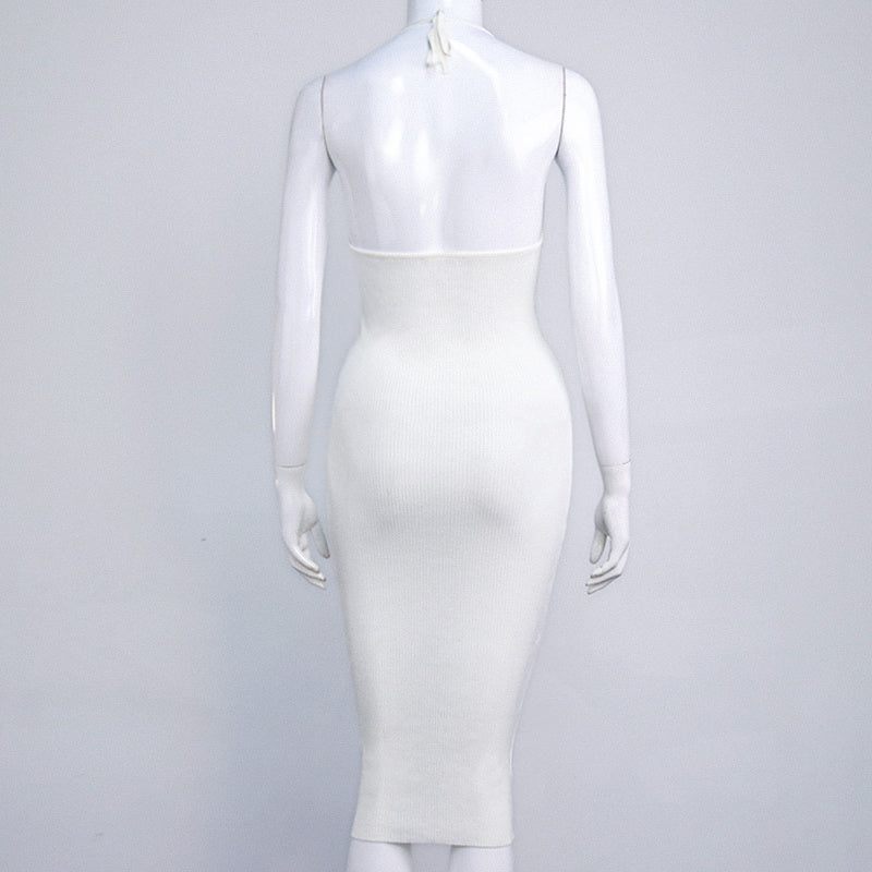 Ribbed Knit Dress Sexy Beach Dress Hanging Around The Neck Open Back Knit