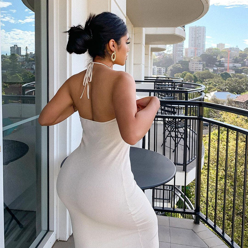 Ribbed Knit Dress Sexy Beach Dress Hanging Around The Neck Open Back Knit