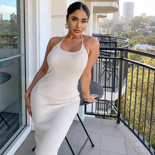 Ribbed Knit Dress Sexy Beach Dress Hanging Around The Neck Open Back Knit