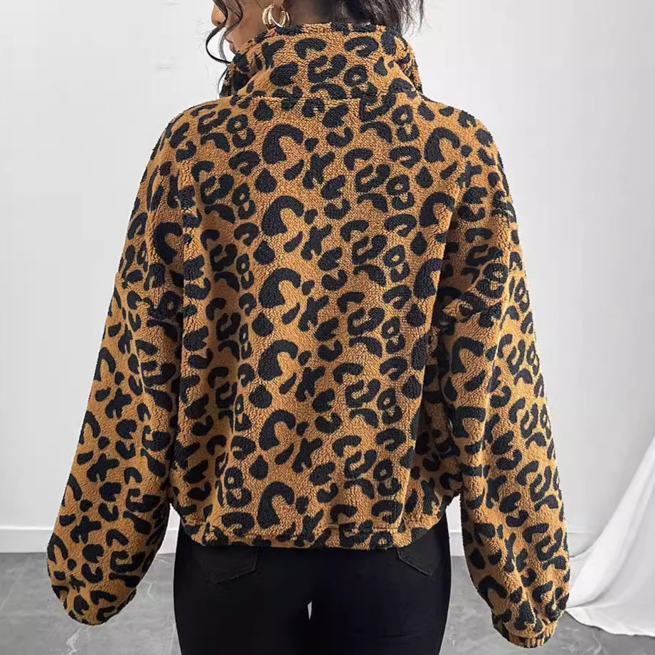 Women's Loose Cardigan Zipper Leopard Print Plush Coat