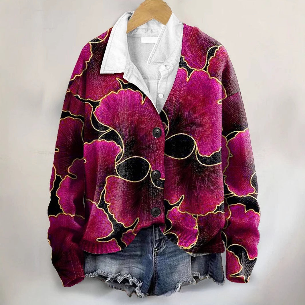 3D Flower Pattern Printing Autumn And Winter Casual Long Sleeve Coat