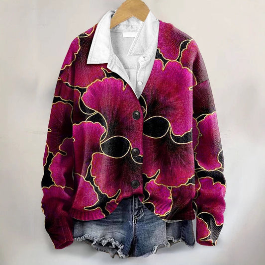 3D Flower Pattern Printing Autumn And Winter Casual Long Sleeve Coat