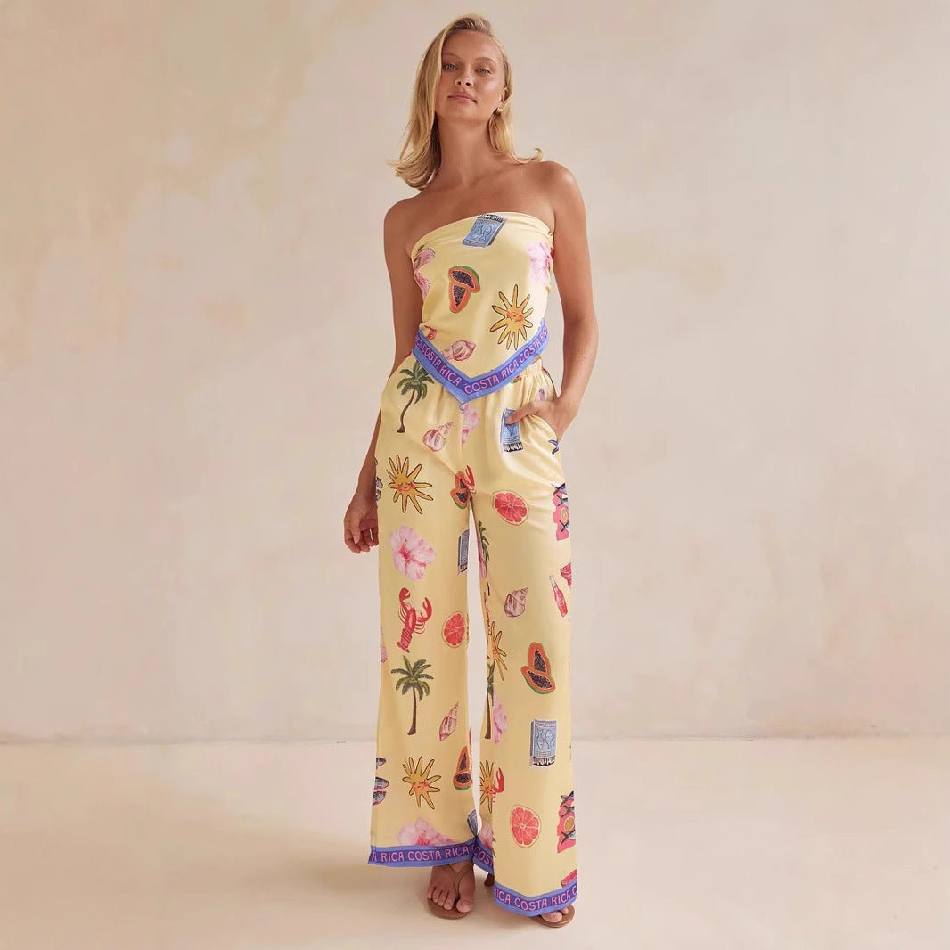 Fashion Positioning Printed Tube Top Wide Leg Pants Suit