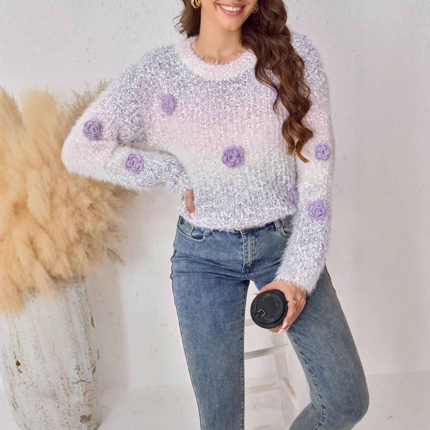 Round Neck Loose Three-dimensional Flower Gradient Sweater