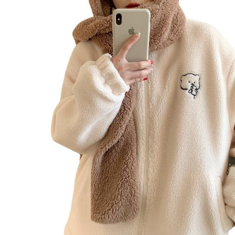 Loose Lapel Lamb Wool Coat For Women Thickened Western Style Cute Bear Plush Top