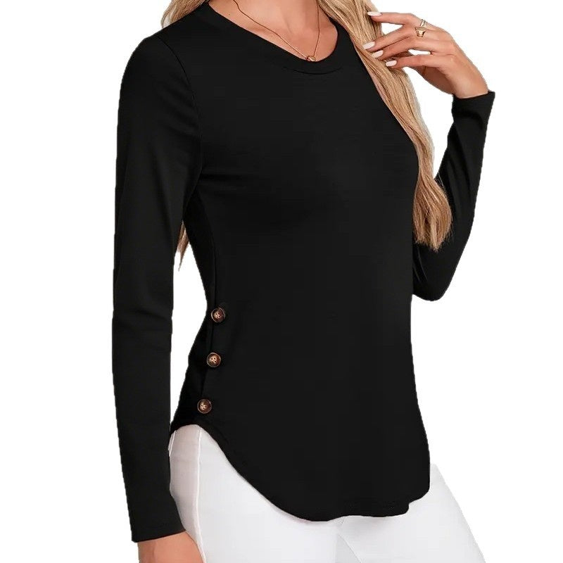 New Women's Autumn And Winter Round Neck Curved Hem Long Sleeve
