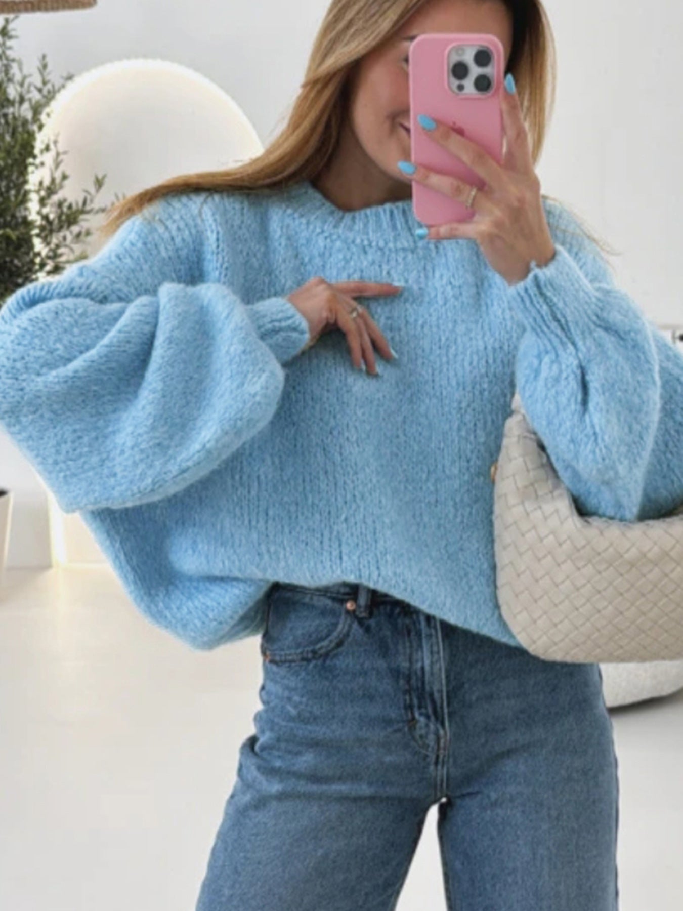 Round Neck Pullover Solid Color Sweater