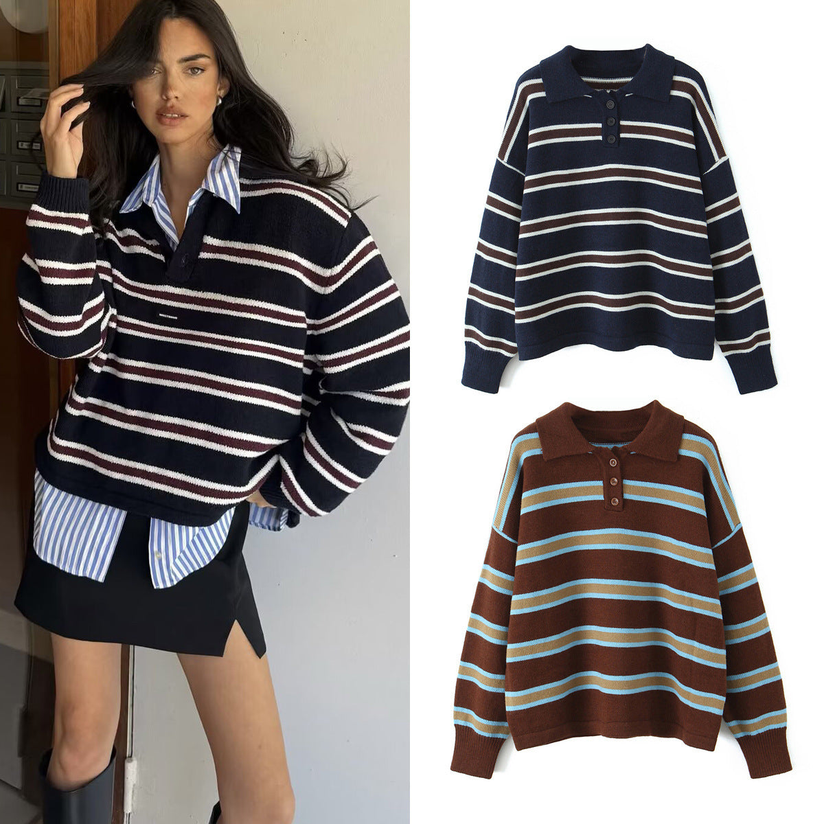 Casual Contrast Color Striped Women's Knitwear