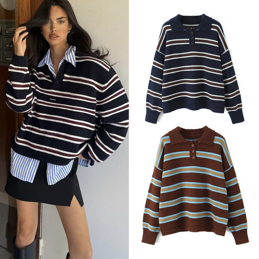 Casual Contrast Color Striped Women's Knitwear
