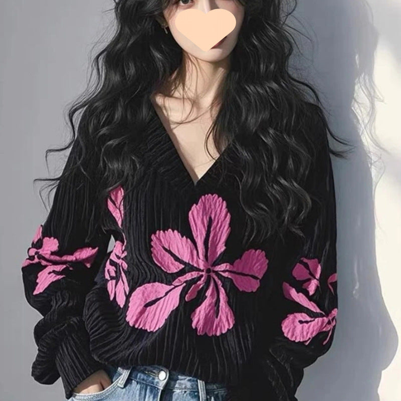 Sexy All-matching Show Thin Black Flower Print Top