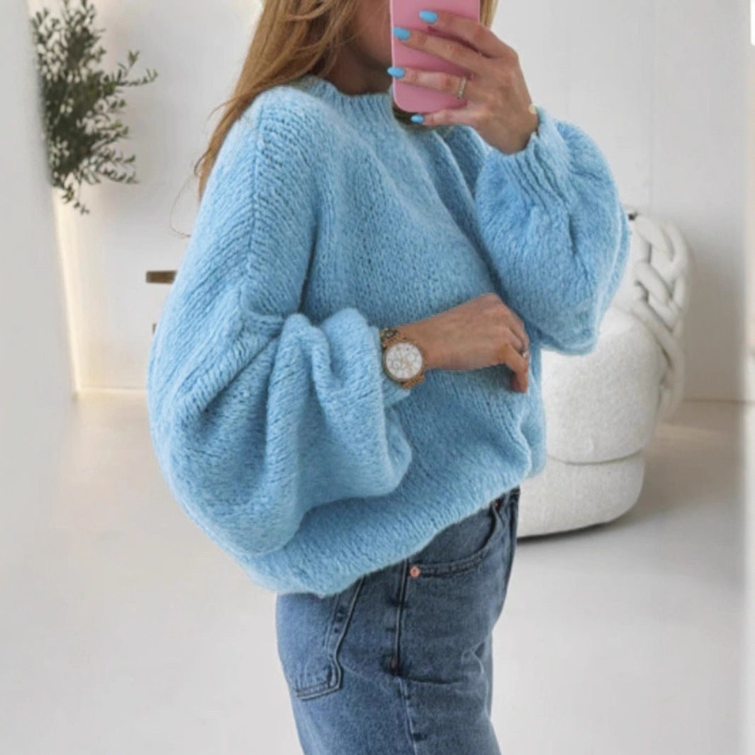 Round Neck Pullover Solid Color Sweater