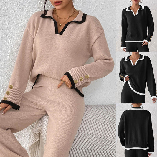 Women's Lapel Color Contrast Patchwork Gold Fastener Decoration Top