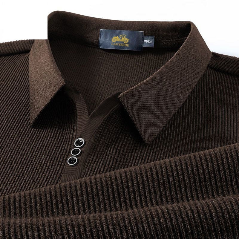Vertical Texture Button Access Control Collar T-shirt