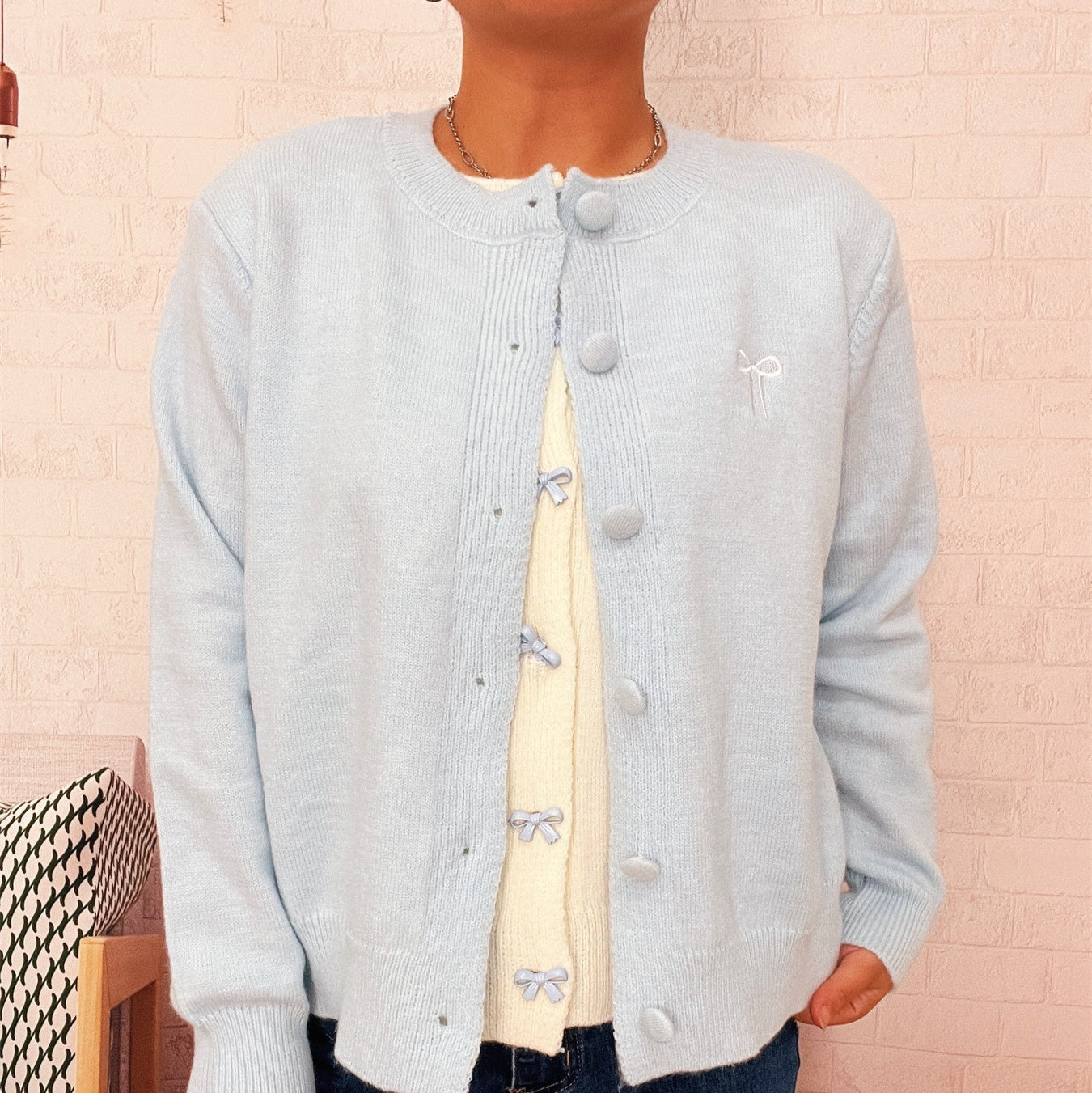 Two-piece Bow Embroidered Button Knitted Sweater Cardigan For Women