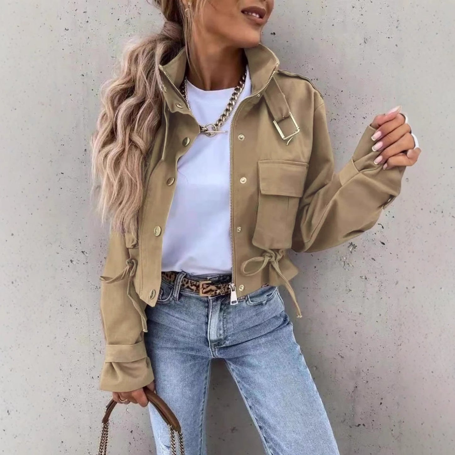 Single-breasted Zipper Short Casual Long Sleeve Coat