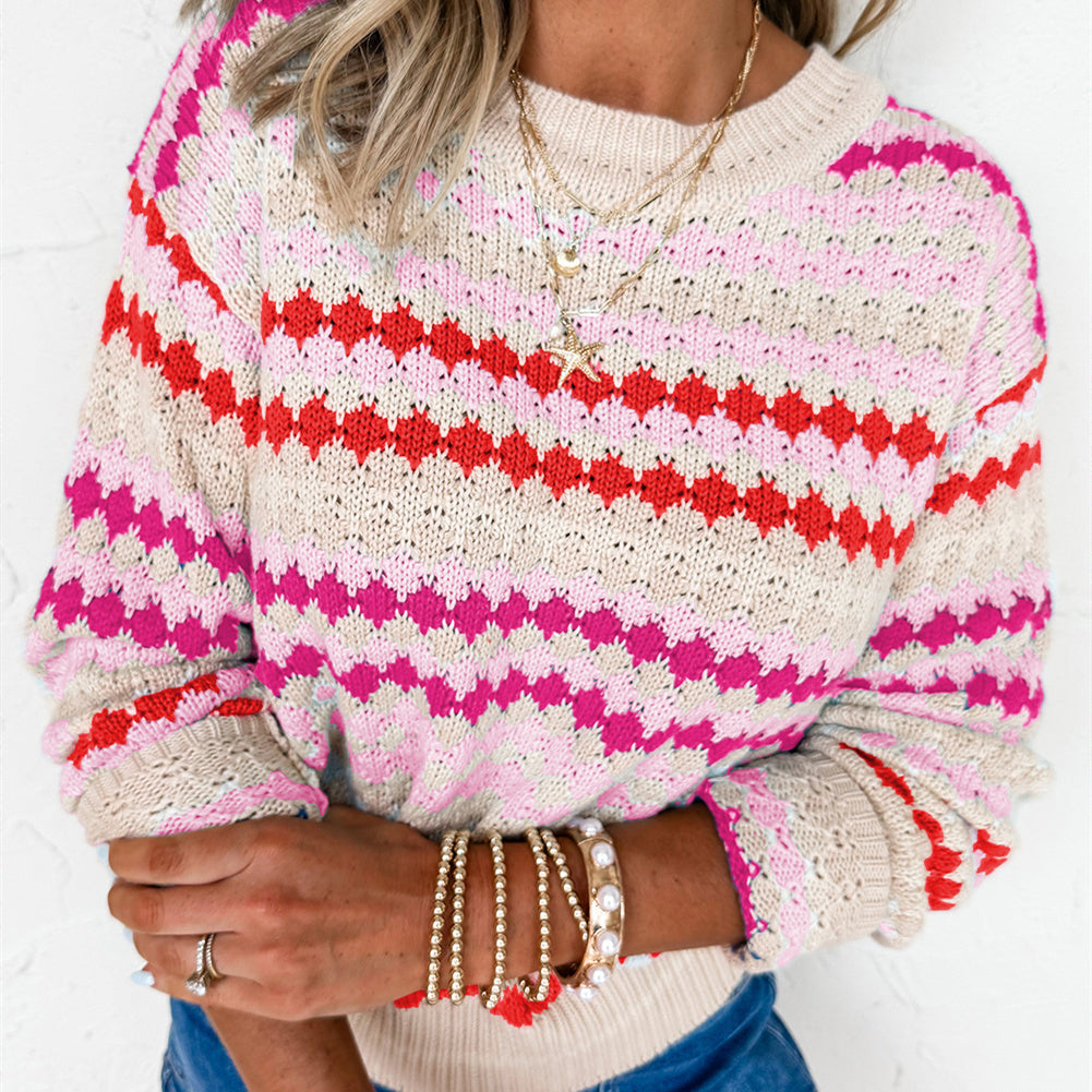 Women's Loose Contrast Color Striped Round Neck Pullover Sweater