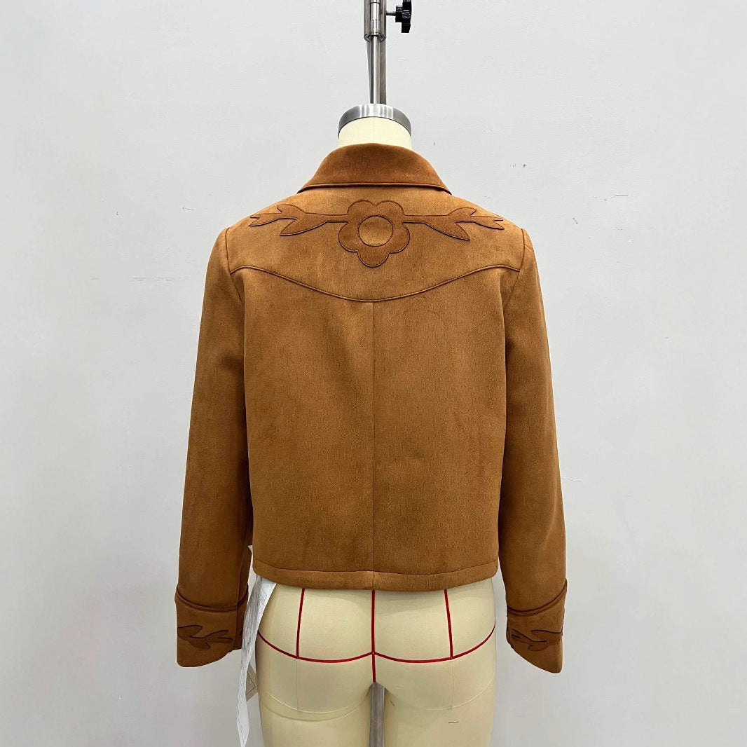Elegant Vintage Suede Flower Short Coat