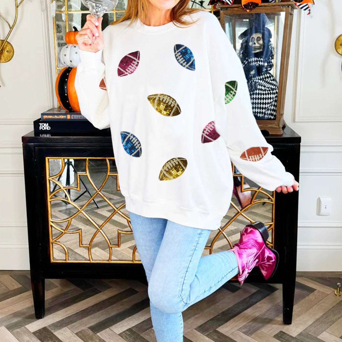 Women's Sequin Embroidery Rugby Round Neck Sweatshirt