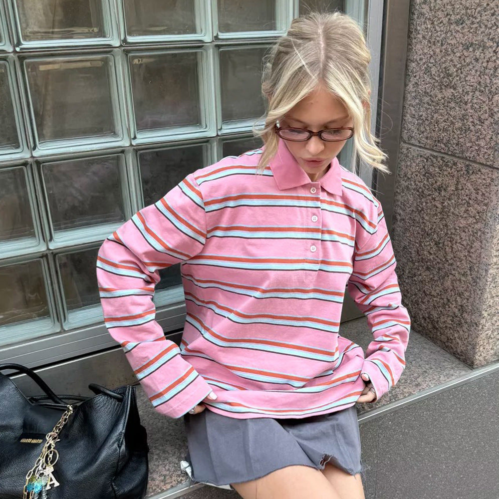 Loose Trendy Retro Long-sleeved Striped T-shirt