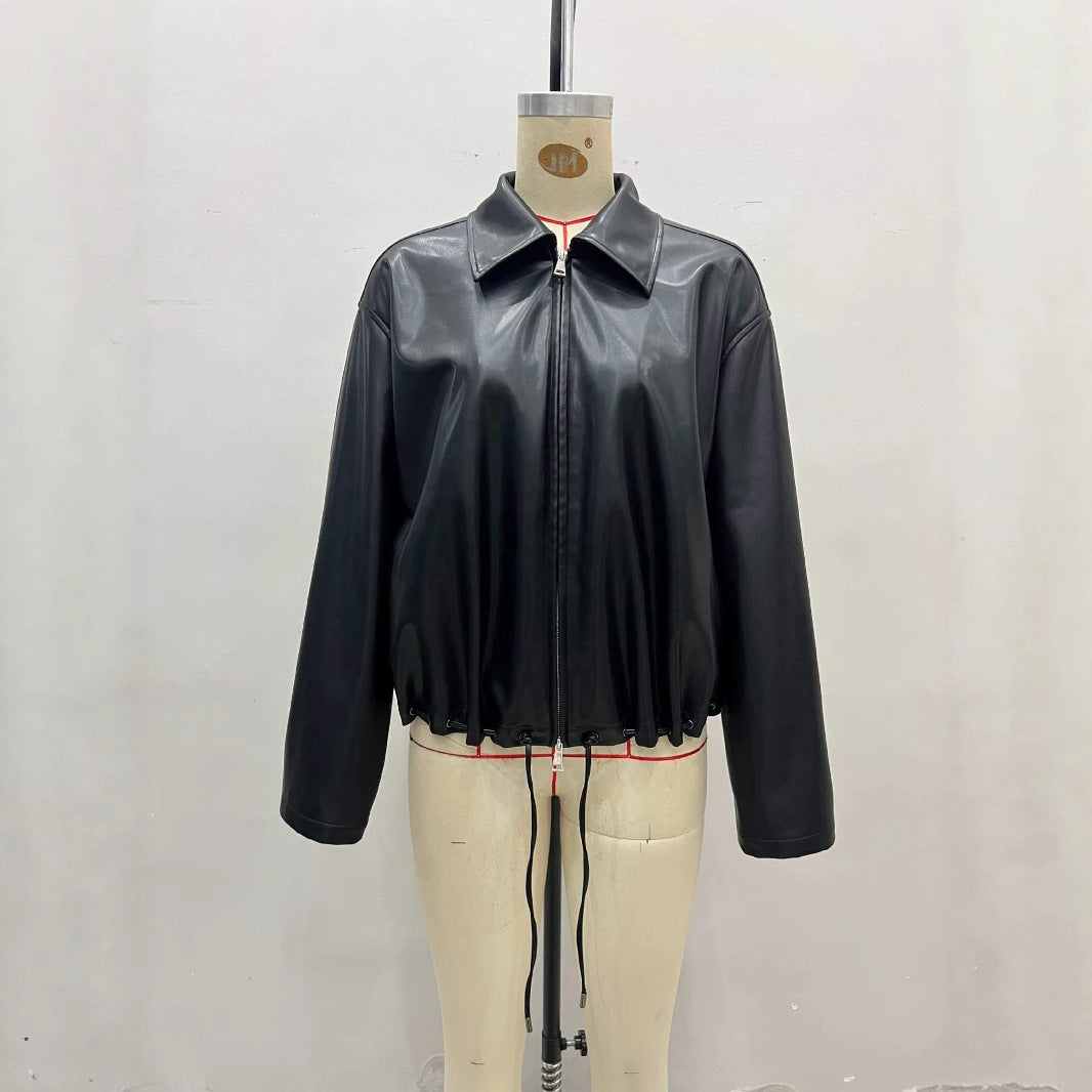 Fashionable Polo Collar Glossy Leather Loose Design Fashionable Coat