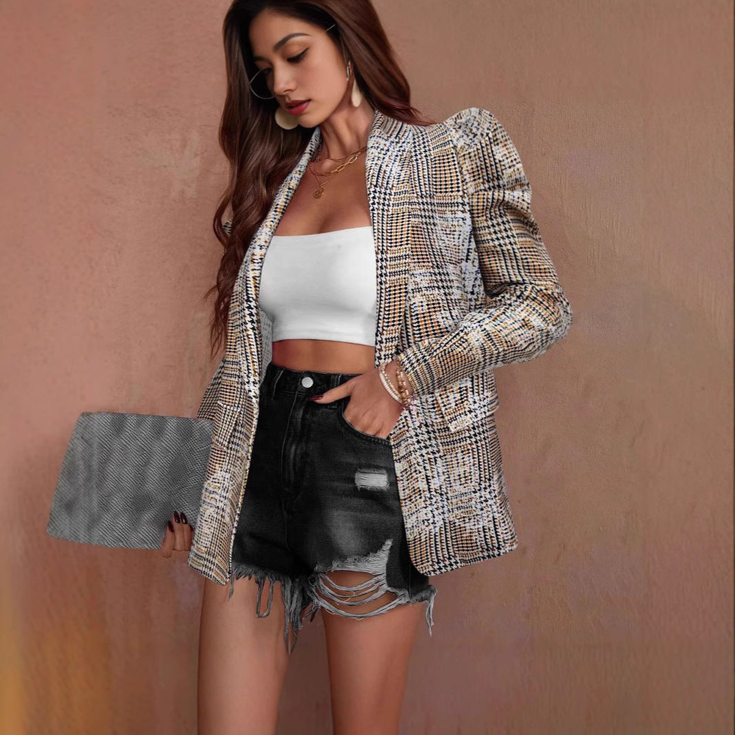 Commuter Printed Puff Sleeve Pleated Loose Long Sleeve Jacket